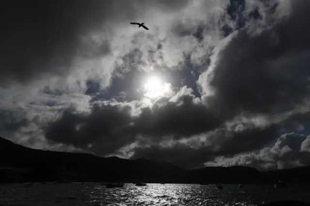 A gull flies over Simonstown bay as a storm front approaches Cape Town, South Africa, 31 May 2018