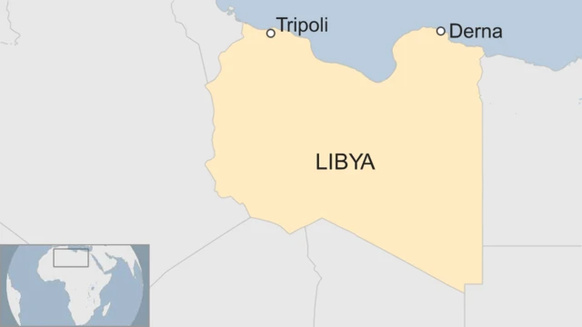 A map showing the location of the city of Derna in relation to Libya's capital, Tripoli.