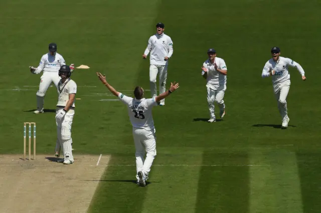 Ollie Robinson takes a wicket for Sussex