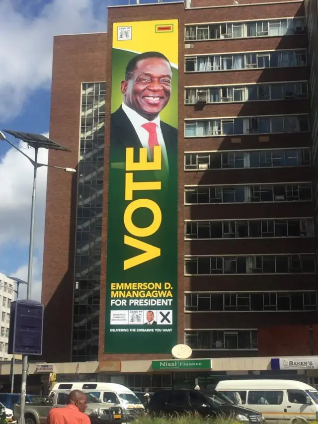 Zanu-PF election banners bearing the face of President Emmerson Mnangagwa