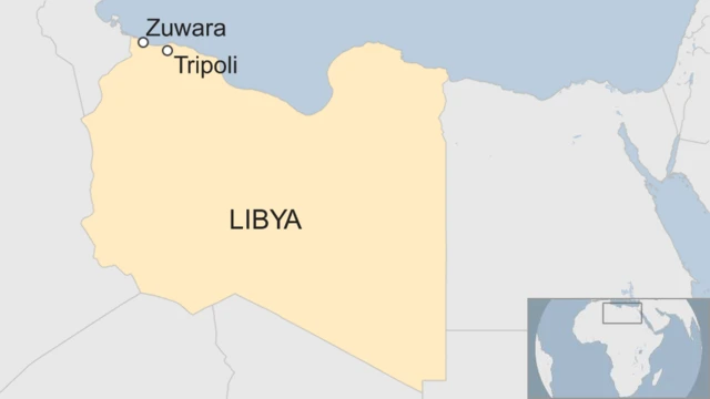 A map showing the location of Zuwara port in relation to Libya's capital Tripoli.