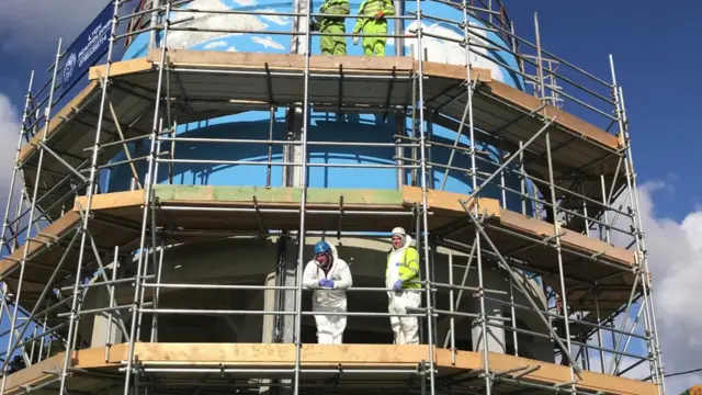 Newton Ferrers water tower surrounded by scaffolding