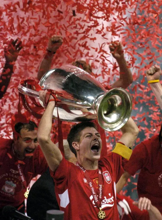 Liverpool captain Steven Gerrard lifts the Champions League trophy in 2005