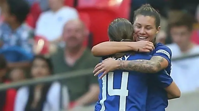 Chelsea goal;scorers Fran Kirby and Ramona Bachmann celebrate