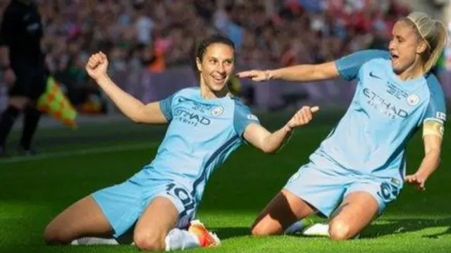 Carli Lloyd (left) celebrates scoring for Manchester City against Birmingham in the 2017 FA Cup final