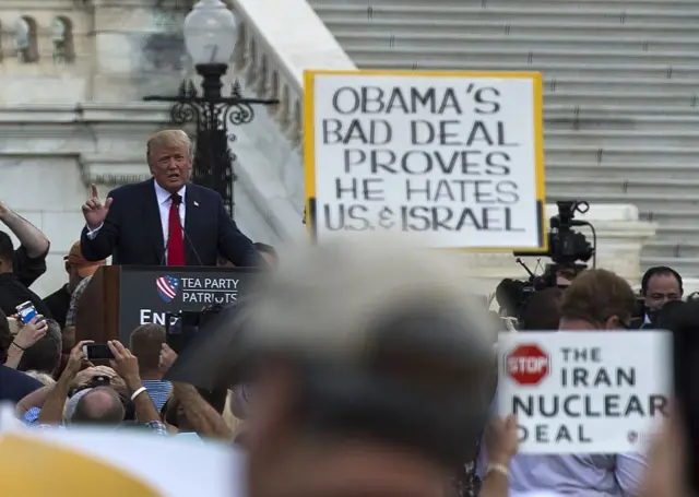 Then-candidate Trump speaks at an anti-Iran deal event in 2015