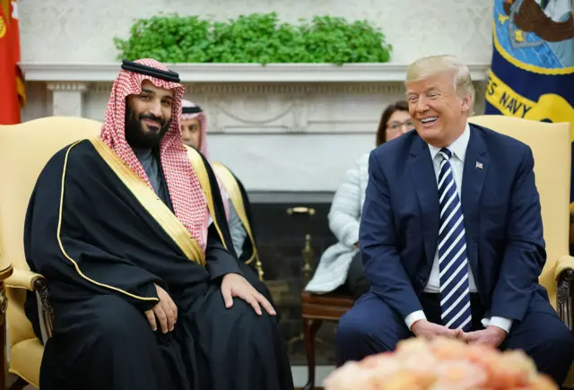 President Trump and Saudi Arabia's Crown Prince Mohammed bin Salman in the Oval Office in March