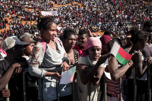 Deputies, senators, mayors and members of the HVM presidential party gather at the Colyseum stadium in Antananarivo on May 26, 2018, in support of Madagascar"s President Hery Rajaonarimampianina.