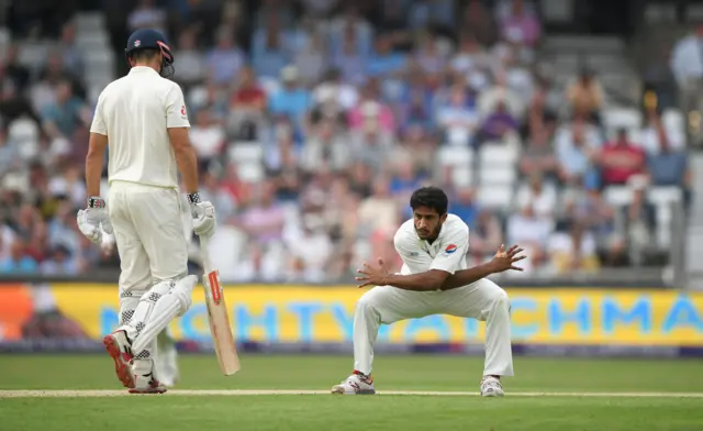 Hasan Ali celebrates after dismissing Alastair Cook