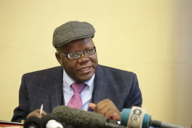 Tendai Biti, President of the People"s Democratic Party (PDP), and one of the leaders of Zimbabwe"s main opposition Movement for Democratic Change (MDC) Alliance, addresses a press conference in Harare, Zimbabwe