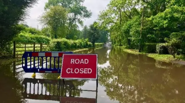 Flooded road in Worcestershire