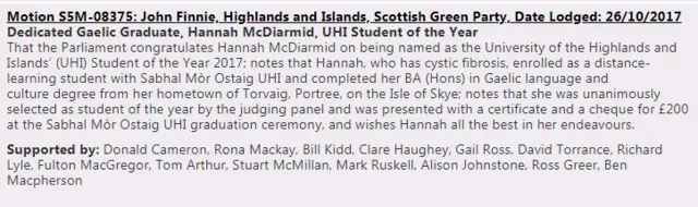 Mr Finnie's motion on Hannah McDiarmid