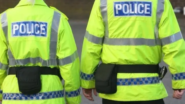 Backs of police officers