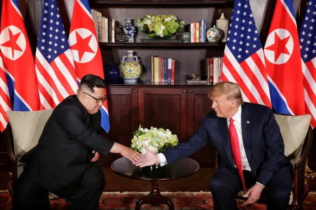 US President Donald Trump shakes hands with North Korean leader Kim Jong-un at the Capella Hotel on Sentosa island in Singapore, June 12, 2018