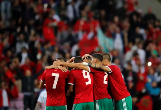 Morocco's Younes Belhanda celebrates scoring their second goal with team mates