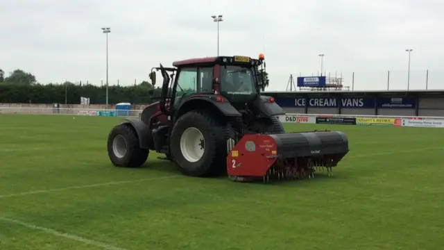 Mower being dragged around at Nantwich Town earlier this season