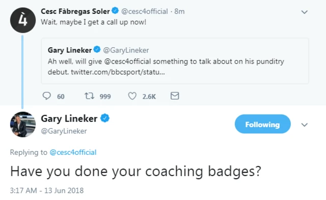 Fabregas and Lineker tweets