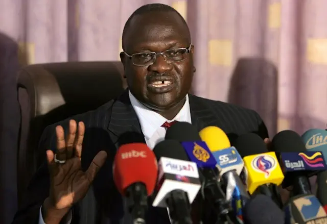 on South Sudan"s vice president Riek Machar during a press conference in Khartoum in 2011