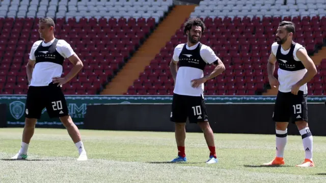 Egypt"s forward Mohamed Salah(c) takes part in a training at the Akhmat Arena stadium in Grozny on June 13, 2018,