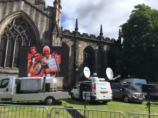 Media trucks outside Sheffield cathedral on Thursday morning