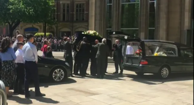 coffin of Brendan Ingle outside Sheffield Cathedral