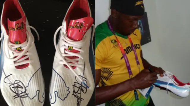 Usain Bolt spikes and Usain Bolt signing them