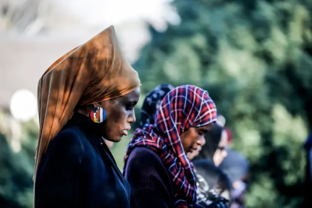 Muslim women attend the Eid-Gah, the prayer on the morning of the Eid Al-Fitr celebration which marks the end of the holy month of Ramadan on June 15, 2018 at the Rasooli Masjid in Pretoria, South Africa.