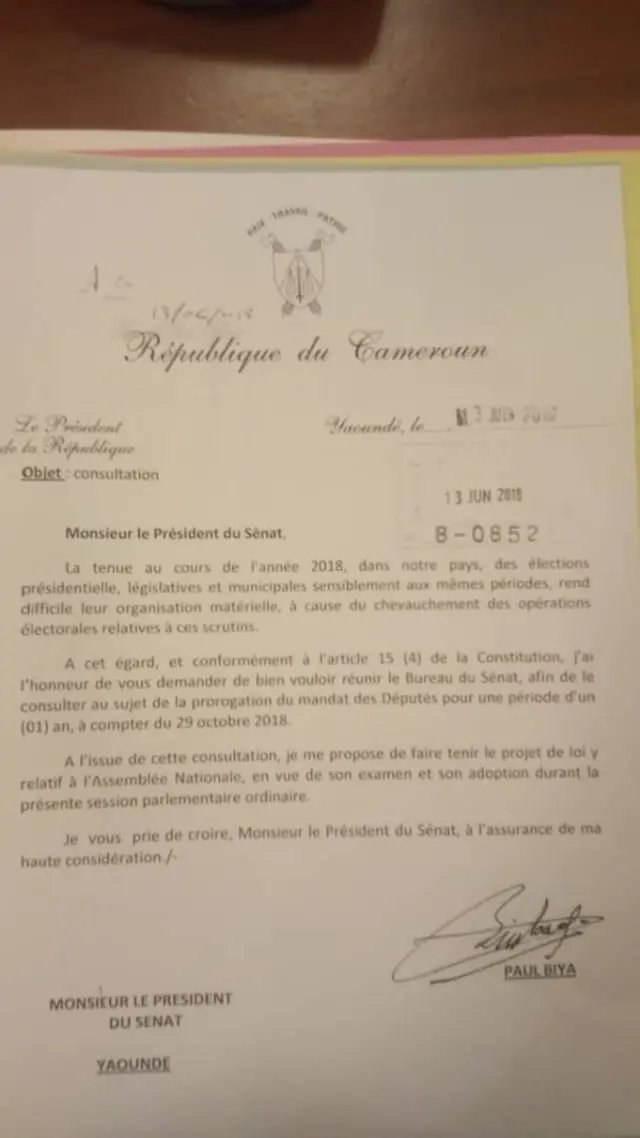 President Biya's letter to the Senate president requesting that it consider postponing the elections due in October by one year