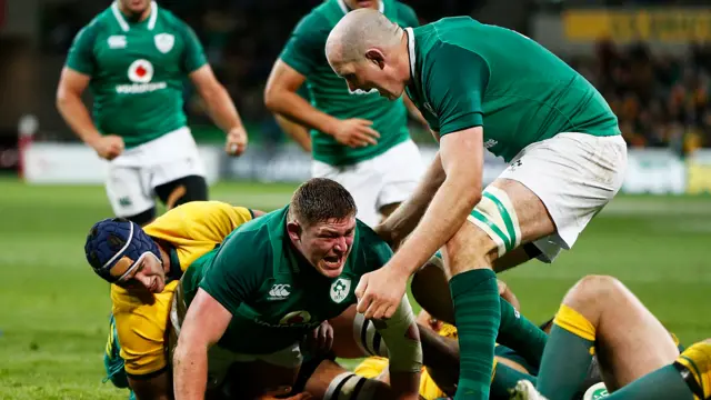 Tadhg Furlong celebrates a try