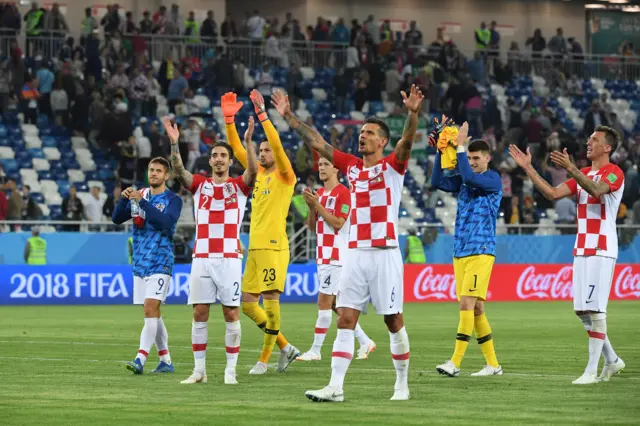 Croatia's players celebrate after during the Russia 2018 World Cup Group D football match between Croatia and Nigeria