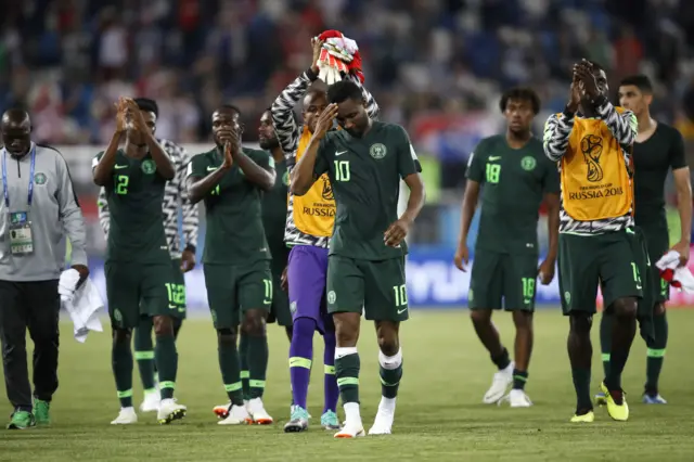 Nigeria players acknowledges the fans following the 2018 FIFA World Cup Russia group D match between Croatia and Nigeria