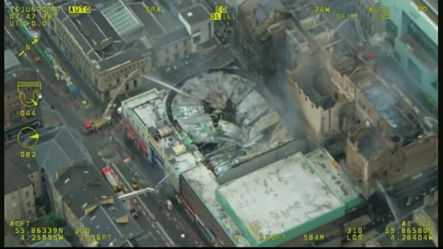 Aerial shot of the buildings after fire in Glasgow city centre