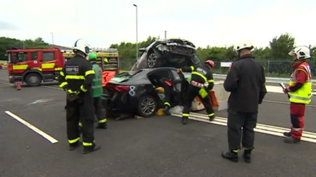 Firefighters taking part in The Extrication Challenge in Ripley