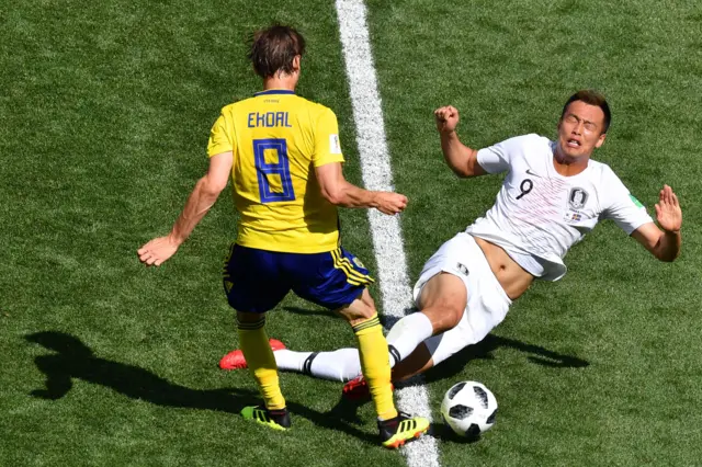 South Korea's Kim Shin-wook tackles Sweden's Albin Ekdal