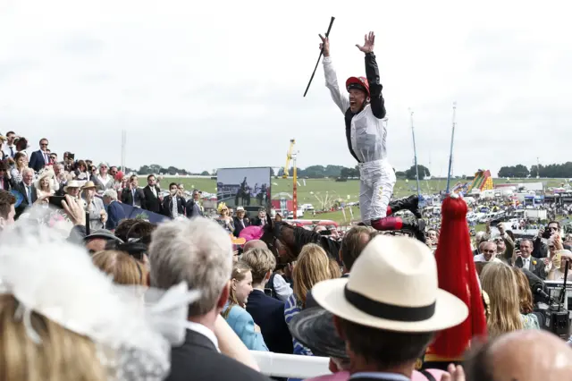 Frankie Dettori after winning on Cracksman at Epsom earlier this month