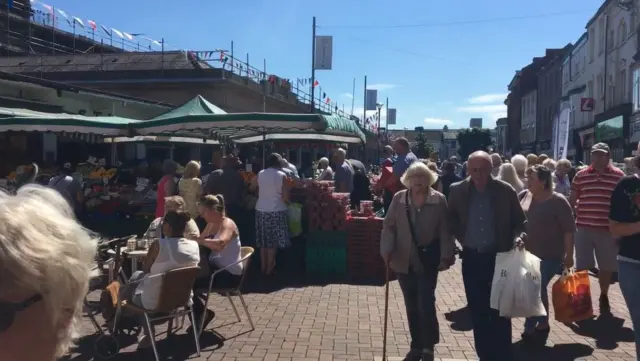 Doncaster market busy with people and stalls