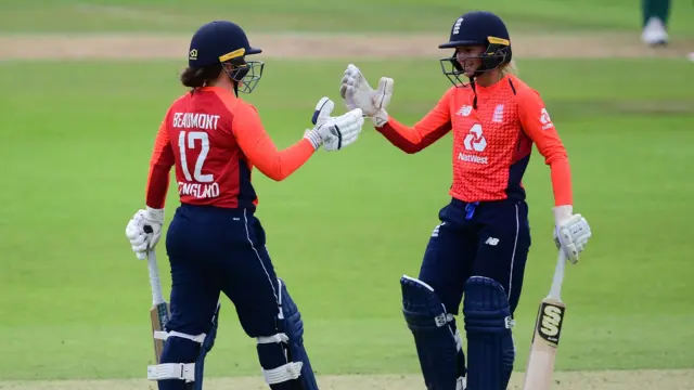 Tammy Beaumont and Danni Wyatt celebrate their century partnership