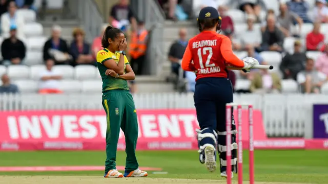 Shabnim Ismail is frustrated as Beaumont nicks one through slip