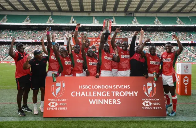 The team of Kenya celebrates winning the Trophy Final celebrate during Day Two of the HSBC London Sevens at Twickenham Stadium on June 3, 2018