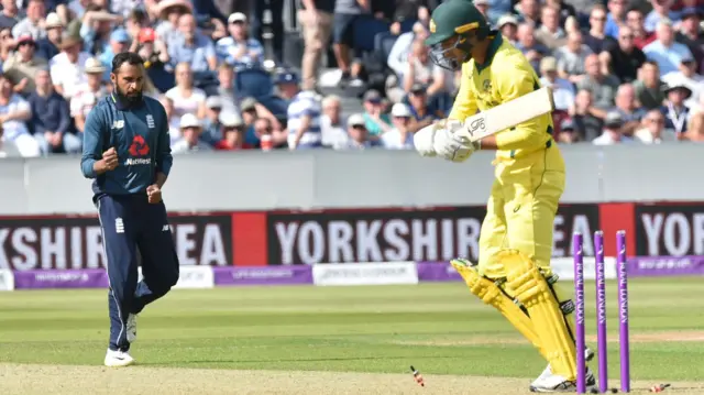 Adil Rashid celebrates dismissing Ashton Agar