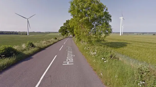 Road and trees on either side, with windmills in the background