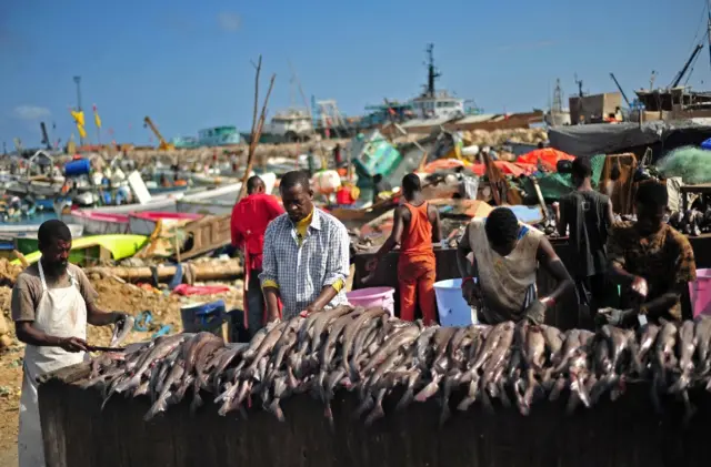 Somali vendors prepare fish for sale at Bosaso beach in Puntland northeastern Somalia, on December 17, 2016.