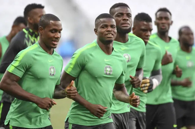 Nigeria's World Cup team jog at a training session