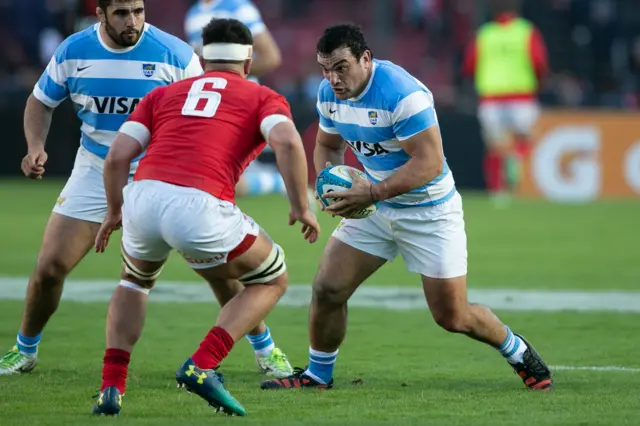 Argentina captain Agustin Creevy carries the ball against Wales