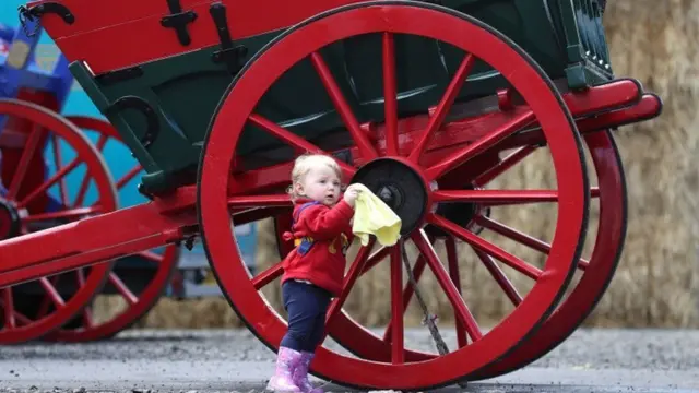 Sixteen-month-old Georgie Mayberry-McKay from Campbeltown helps clean a cart