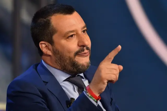 Matteo Salvini gestures as he speaks during the Italian talk show "Porta a Porta", broadcast on Italian channel Rai 1, in Rome, on June 20, 2018