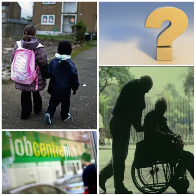 Collage of children, Jobcentre and elderly man in a wheelchair