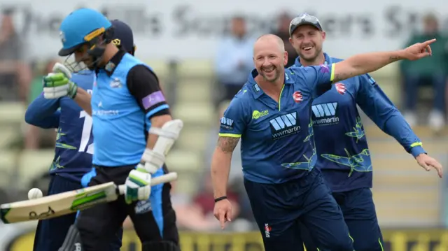 Darren Stevens celebrates a wicket