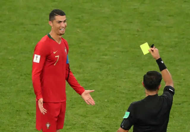 Cristiano Ronaldo receives a yellow card