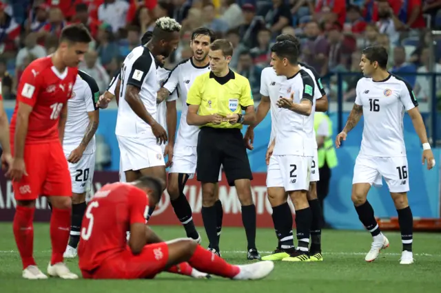 Costa Rica's Joel Campbell receives yellow card